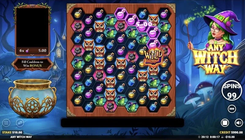 Any Witch Way - หน้าจอเกมพร้อมหม้อและตาราง 9x8